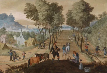 Tree-Lined Landscape Near a Village with Peasants Working in the Fields